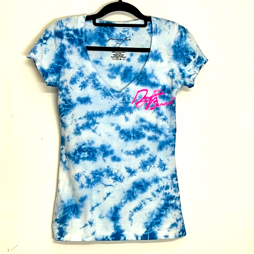 🌞 Miami Style blue & white tie dye v-neck tee neon pink Daytona Beach women Jr M
